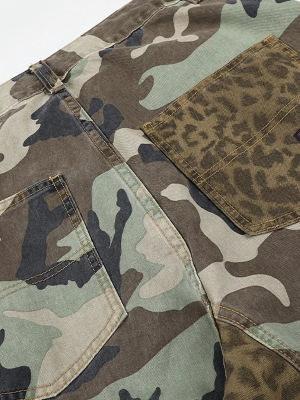 Men's Camouflage Leopard Patchwork Cargo Pants in Army Green, fabric detail