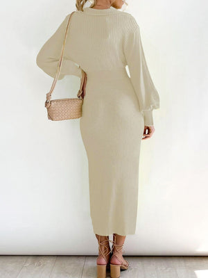 Cream ribbed knit midi dress with collared neckline and balloon sleeves.