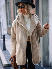Sand textured teddy hooded open coat with a cozy fleece material and relaxed fit.