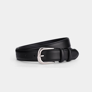 Black cowhide leather slim belt with silver buckle