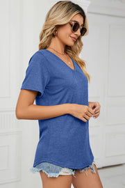 Heathered blue v-neck t-shirt with short sleeves and a relaxed fit
