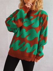 Graphic Wave Knit Sweater in dark brown and dark green with crew neck and long sleeves.