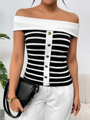 Off-shoulder black and white striped knit top with button-down detail.