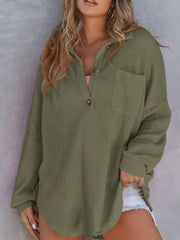 Army green waffle-knit henley tee with pocket and button detail