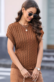 Caramel cable knit cap sleeve sweater top with crew neck.