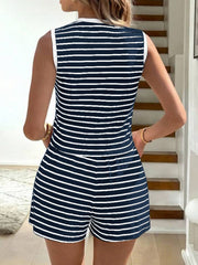 Navy and white striped knit tie-front top and shorts set, sleeveless with white trim