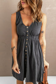 Gathered waistline button-down mini dress in gray with V-neck and sleeveless cut.