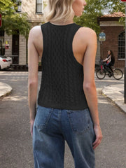 Black cable knit tank top with a racerback cut.