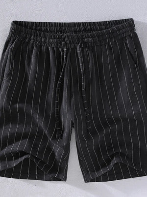 Black pinstripe chino shorts with drawstring waist and pockets.