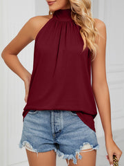 Burgundy ruched high neck tie back cami with a sleeveless cut.