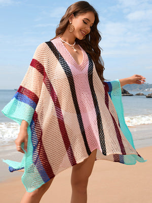 Striped mesh kimono cover-up with V-neck and wide sleeves in multi-color stripes.