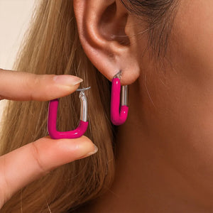 Hot Pink/Silver two-tone enamel rectangle hoop earrings with silver post.