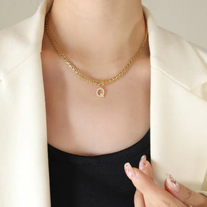 Gold-plated chain necklace with pavé initial charm Q, brass, casual style