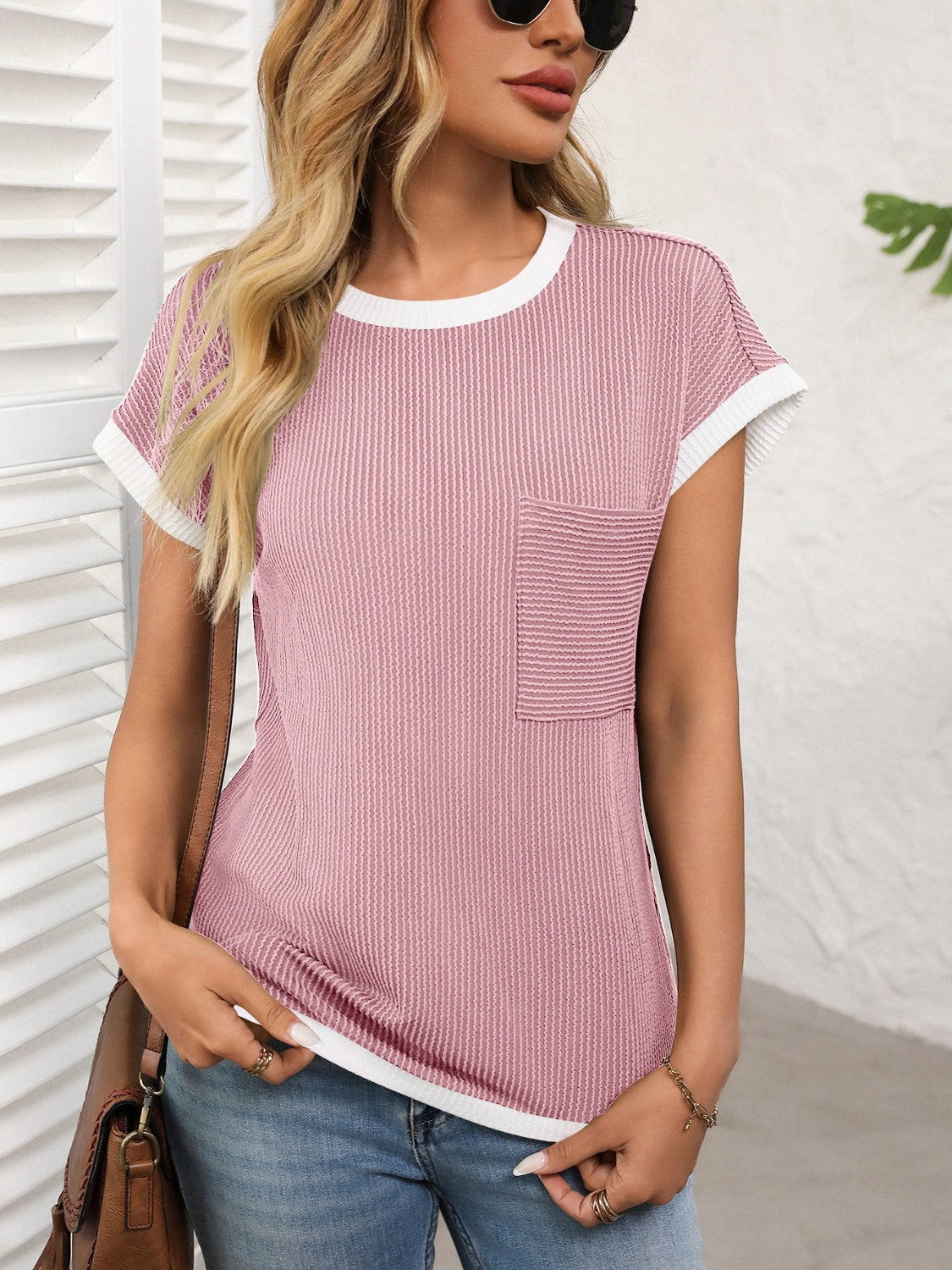 Ribbed knit tee in Blush Pink with contrast white piping and chest pocket.