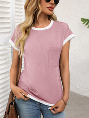 Ribbed knit tee in Blush Pink with contrast white piping and chest pocket.