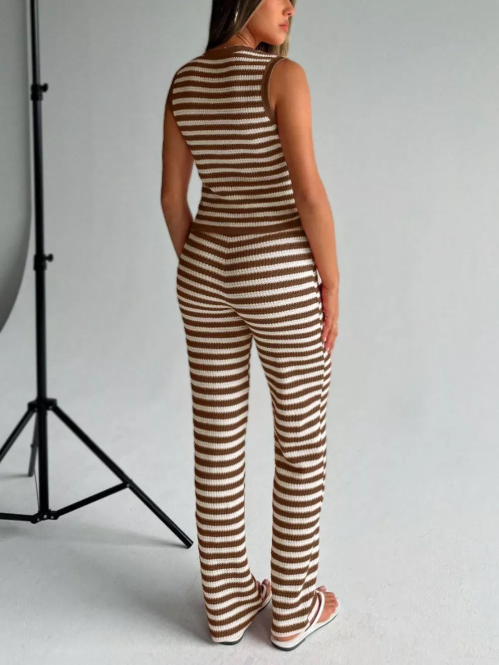 Brown striped knit V-neck sleeveless top and wide-leg pants set