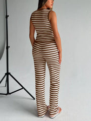 Brown striped knit V-neck sleeveless top and wide-leg pants set