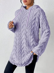 Purple textured drawstring fleece hoodie with cable knit pattern and kangaroo pocket.