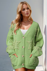 Green textured starburst pocket cardigan with button front and V-neck.