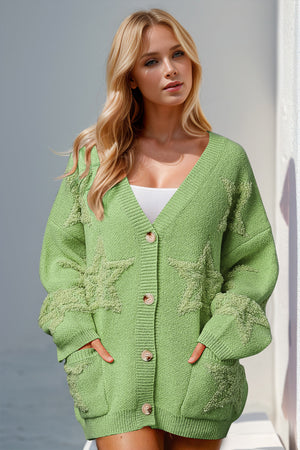 Green textured starburst pocket cardigan with button front and V-neck.
