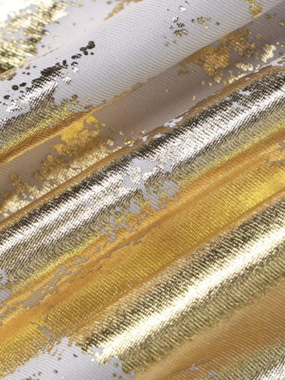 Elegant maxi gown with abstract gold and cream pattern.