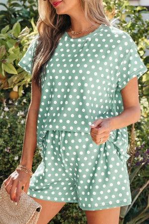Green polka dot pajama set with crew neck top and shorts
