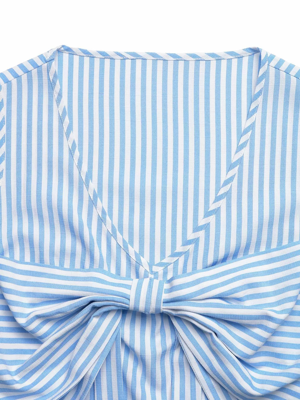 Blue and white striped V-neck top with a knot bow detail