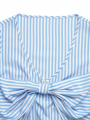 Blue and white striped V-neck top with a knot bow detail