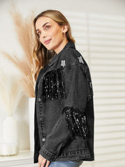 Black denim trucker jacket with star patches and sequin fringe detail