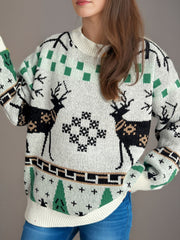 White acrylic knit sweater with reindeer and festive motif, crew neck, long sleeves.