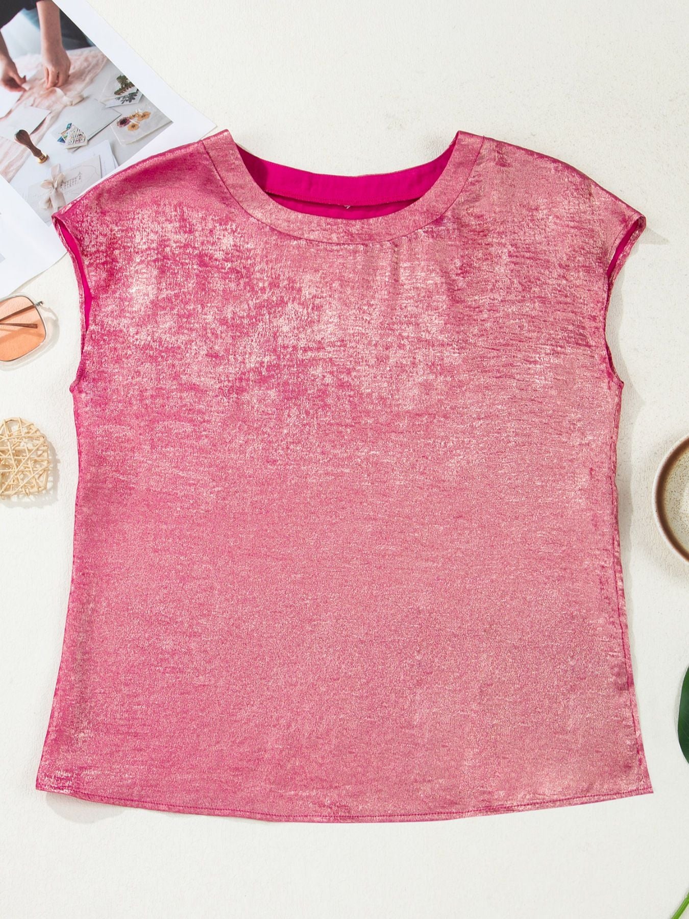Metallic hot pink cap sleeve round neck tee with textured finish