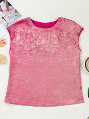 Metallic hot pink cap sleeve round neck tee with textured finish