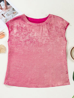Metallic hot pink cap sleeve round neck tee with textured finish