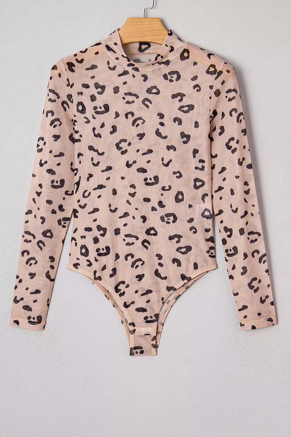 Mock Neck Sheer Mesh Leopard Bodysuit in Khaki, fit detail