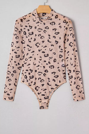 Mock Neck Sheer Mesh Leopard Bodysuit in Khaki, fit detail