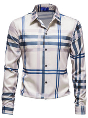 Men's white long sleeve button-up shirt with blue plaid pattern and cotton fabric.