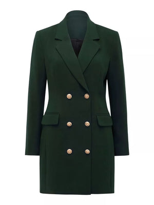 Dark green tailored double-breasted blazer dress with gold buttons and flap pockets.