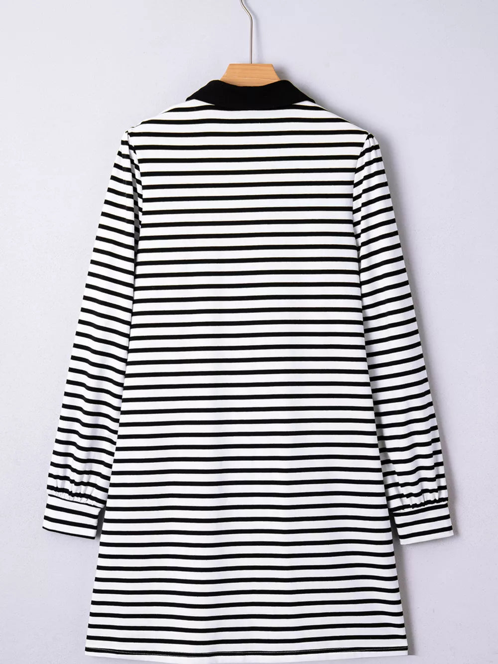 Black and white striped collared long sleeve dress with button details