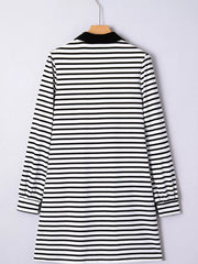 Black and white striped collared long sleeve dress with button details