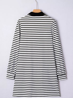 Black and white striped collared long sleeve dress with button details