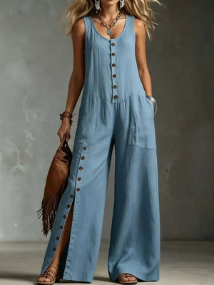 Blue button-front wide-leg jumpsuit with side slit and pockets