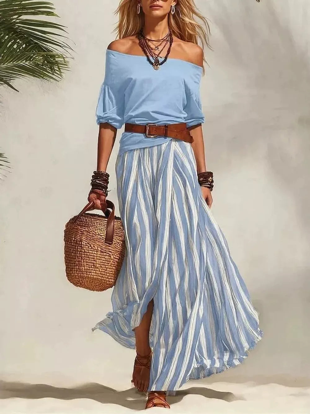 Sky blue off-shoulder top with striped maxi skirt and brown belt