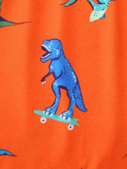Orange toddler tee with blue skateboarding dinosaur print