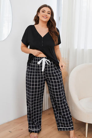 Black grid-print lounge set with henley top and drawstring pants
