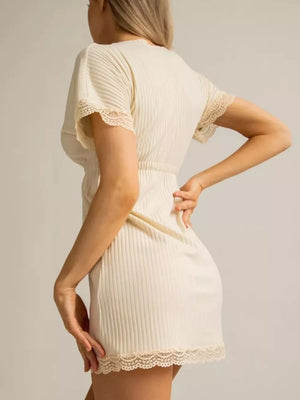 Ribbed Lace-trim V-neck Mini Dress Plus Size in Apricot, close-up detail
