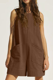 Brown linen romper with pockets, sleeveless, round neck, relaxed fit