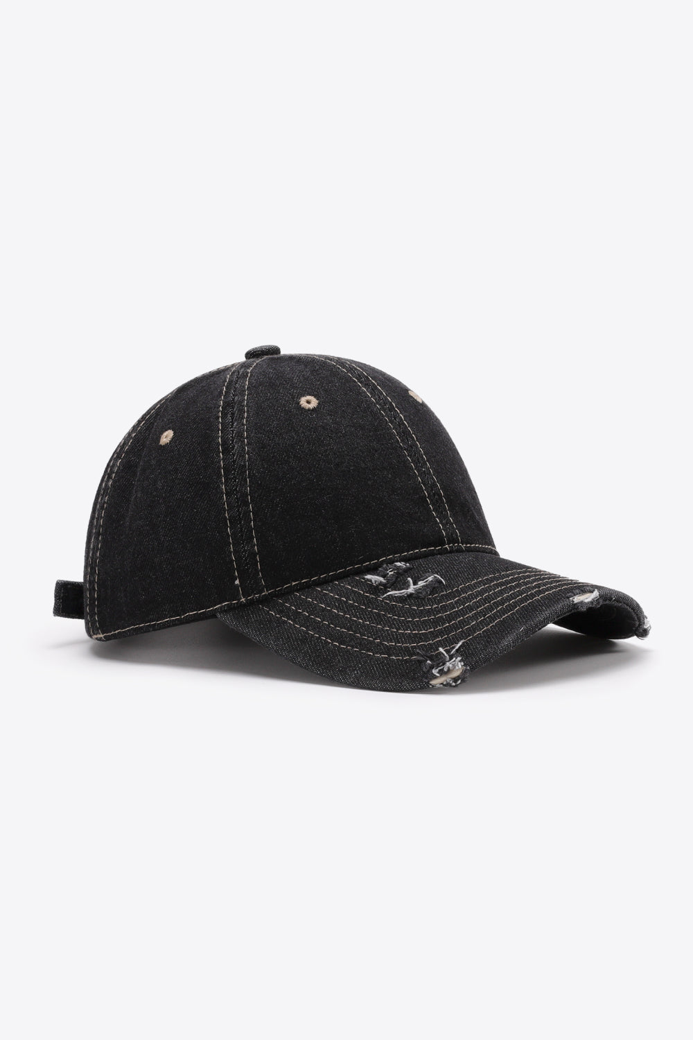 Black distressed baseball cap with contrast stitching and adjustable strap