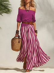 Chic off-shoulder top and pink striped maxi skirt set with a brown belt.