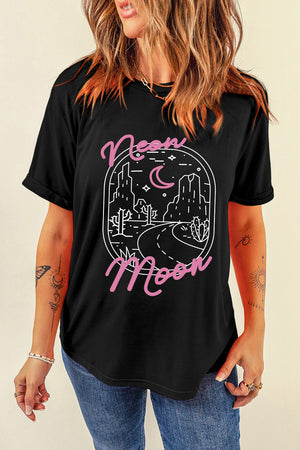 Black t-shirt with a desert neon moon graphic and casual fit.