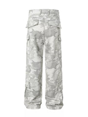 Men's utility cargo pants in light grey camouflage pattern with multiple pockets.